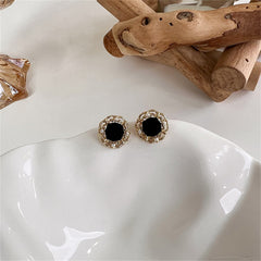 Pearl & Black Flocking 18K Gold-Plated Floral Stud Earrings