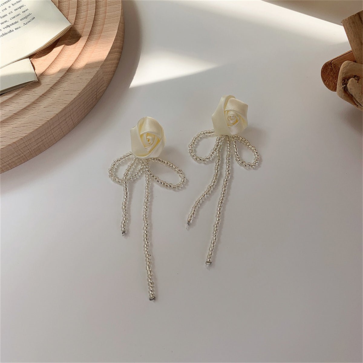 White Textile and Acrylic Rosette Beaded Tassel Drop Earrings, drop earrings for women, elegant gift for her, styled look