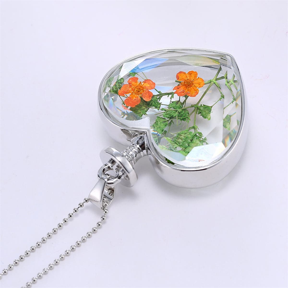 Pressed Peach Blossom & Silver-Plated Heart Pendant Necklace