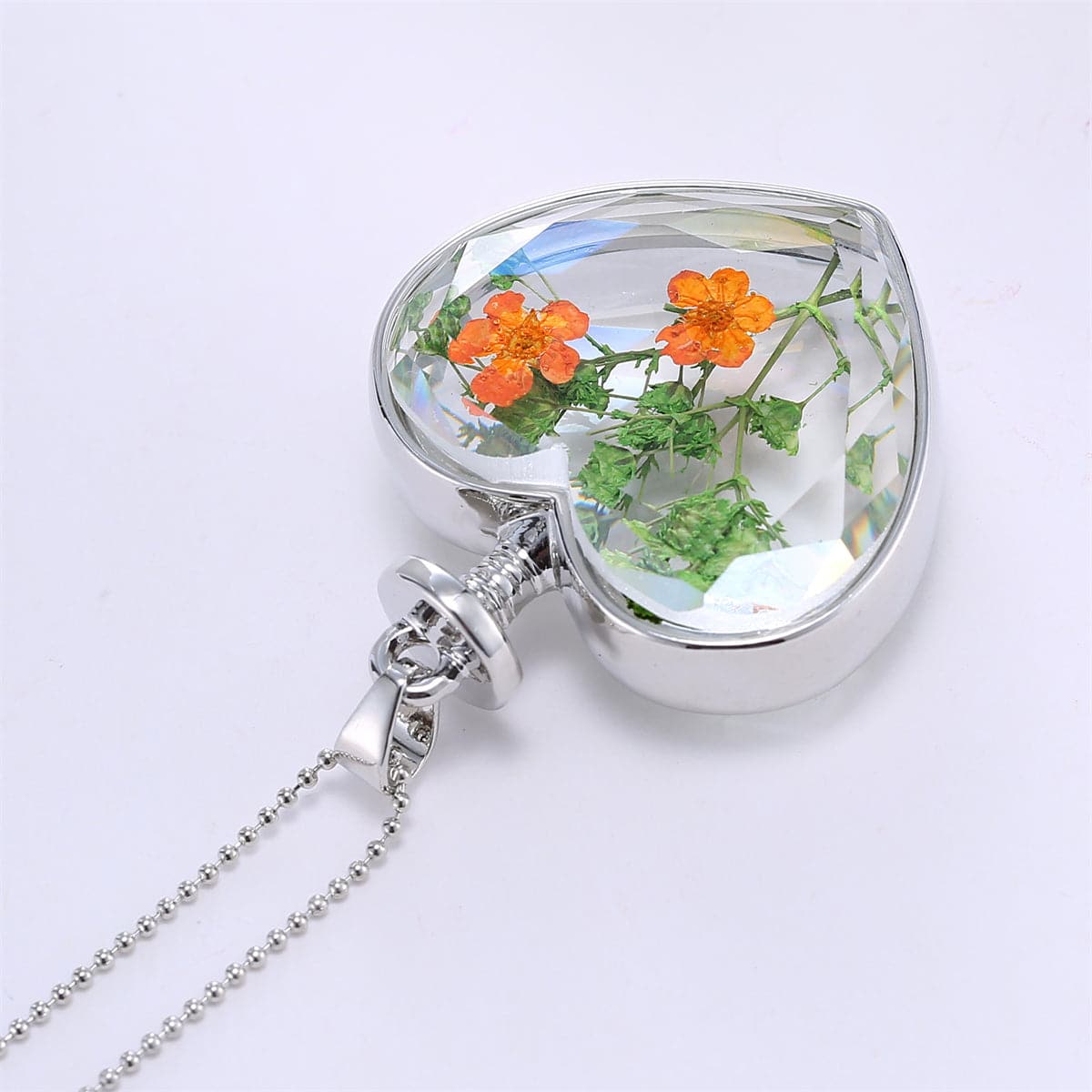 Pressed Peach Blossom and Silver-Plated Heart Pendant Necklace, silver pendant necklace for women, styled look