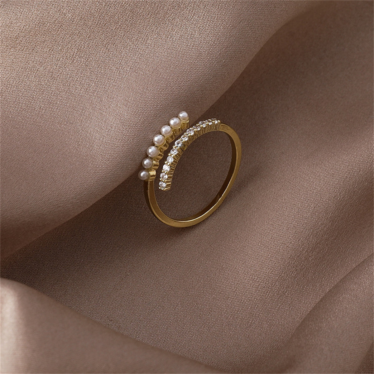 Cubic Zirconia & Pearl 18K Gold-Plated Prong-Set Bypass Ring