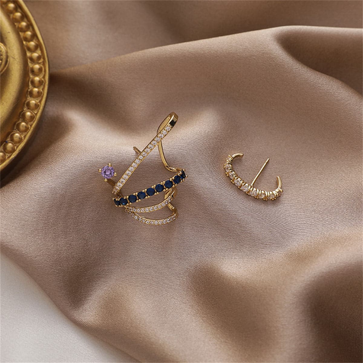 Cubic Zirconia and 18K Gold-Plated Mismatch Wing Stud Earrings, gold stud earrings for women, lifestyle look