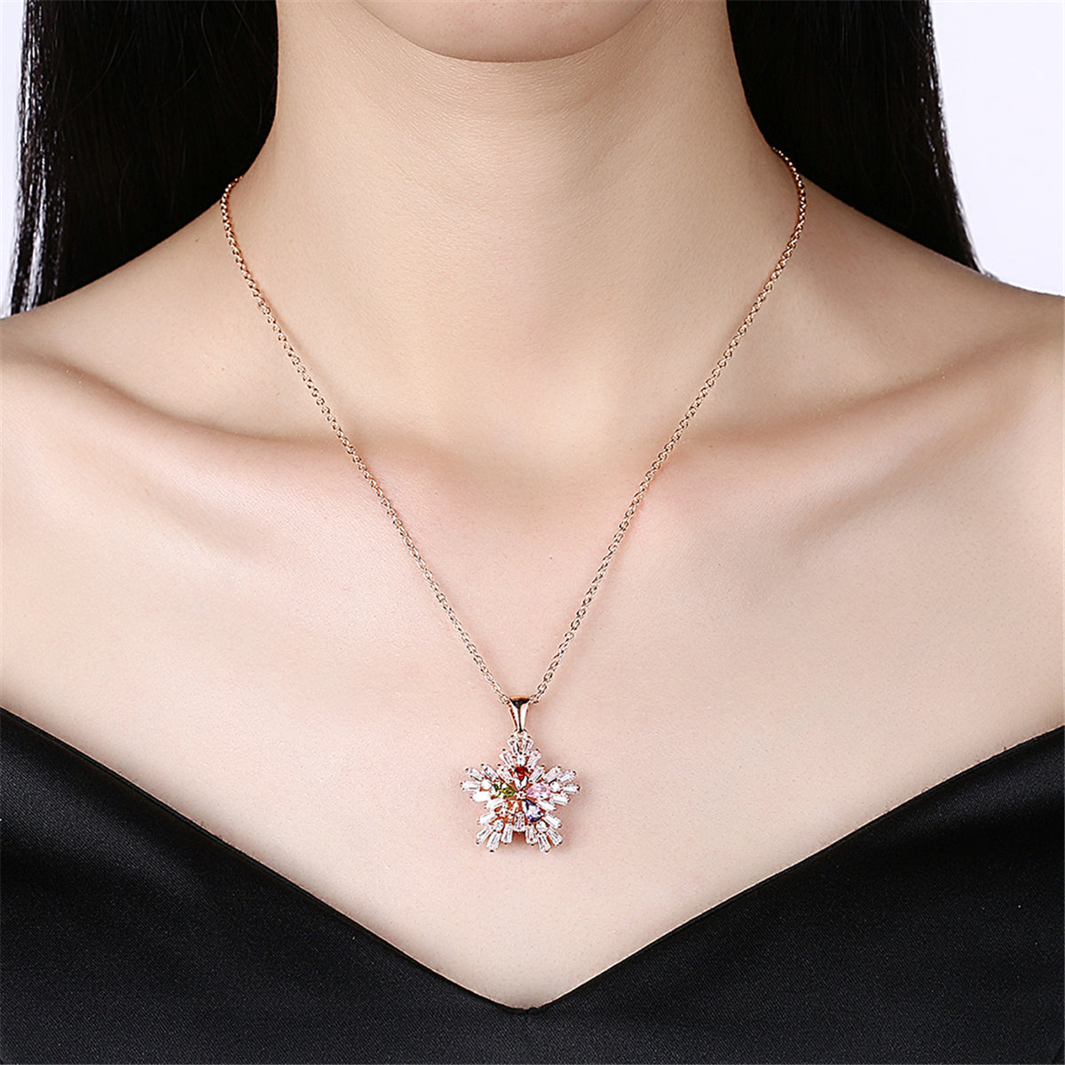 Multi-Color Crystal Snowflake Pendant Necklace