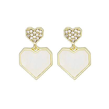 Cubic Zirconia and Shell 18K Gold-Plated Double Heart Drop Earrings, gold drop earrings for women, styled look