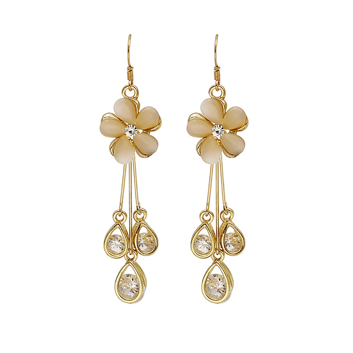 Blush Cateye & Cubic Zirconia 18K Gold-Plated Floral Teardrop Tassel Drop Earrings