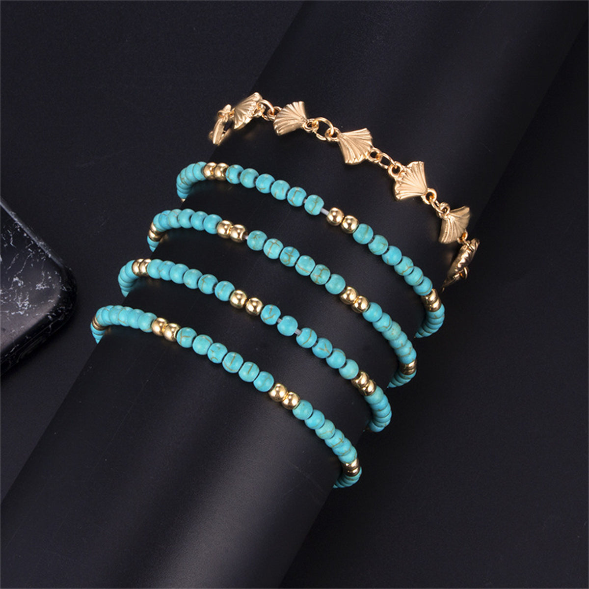 Turquoise & 18K Gold-Plated Beaded Anklet Set