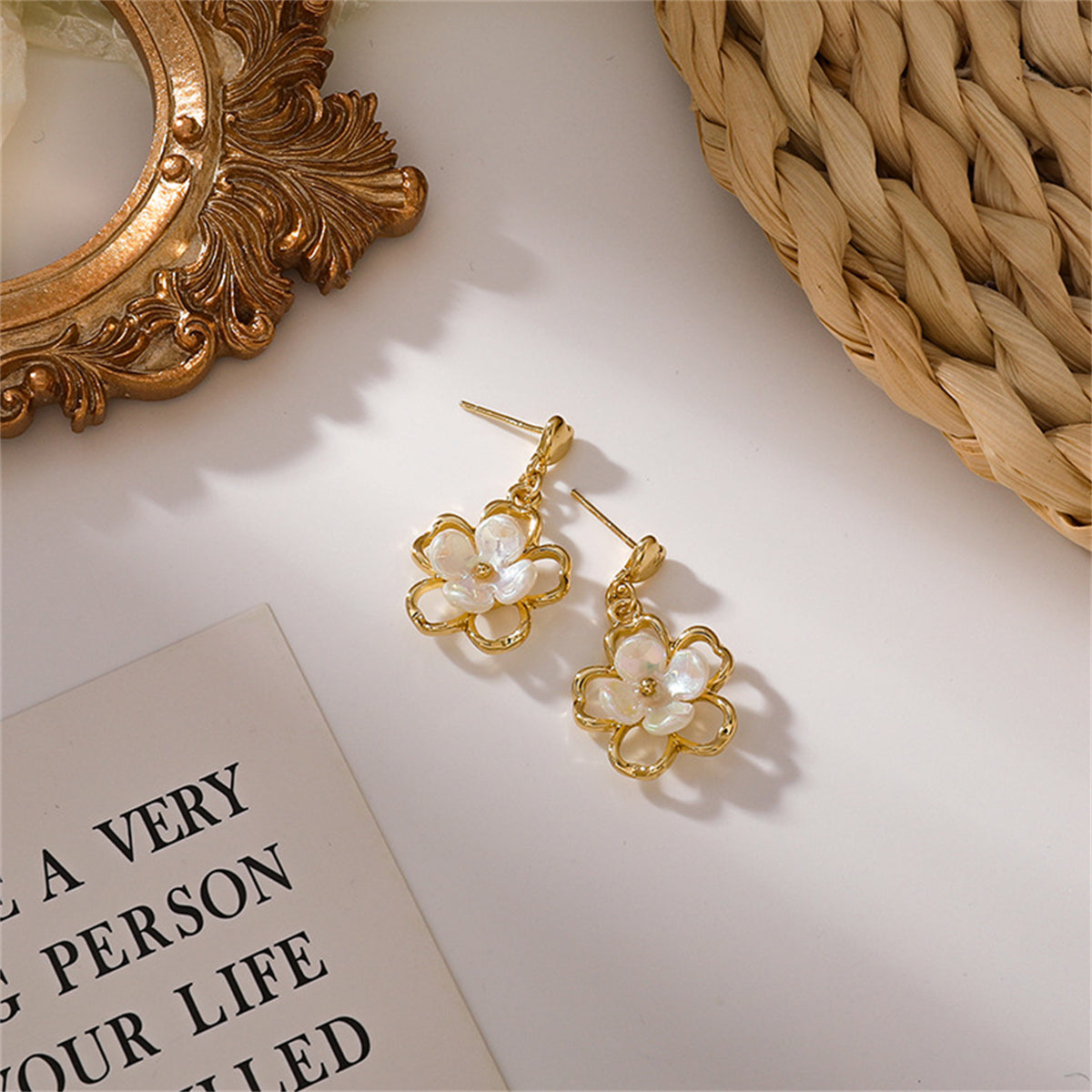 White Acrylic & 18K Gold-Plated Floral Heart Drop Earrings