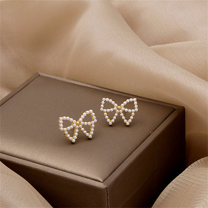 Pearl and 18K Gold-Plated Bow Stud Earrings, gold stud earrings for women, elegant gift for her, lifestyle look