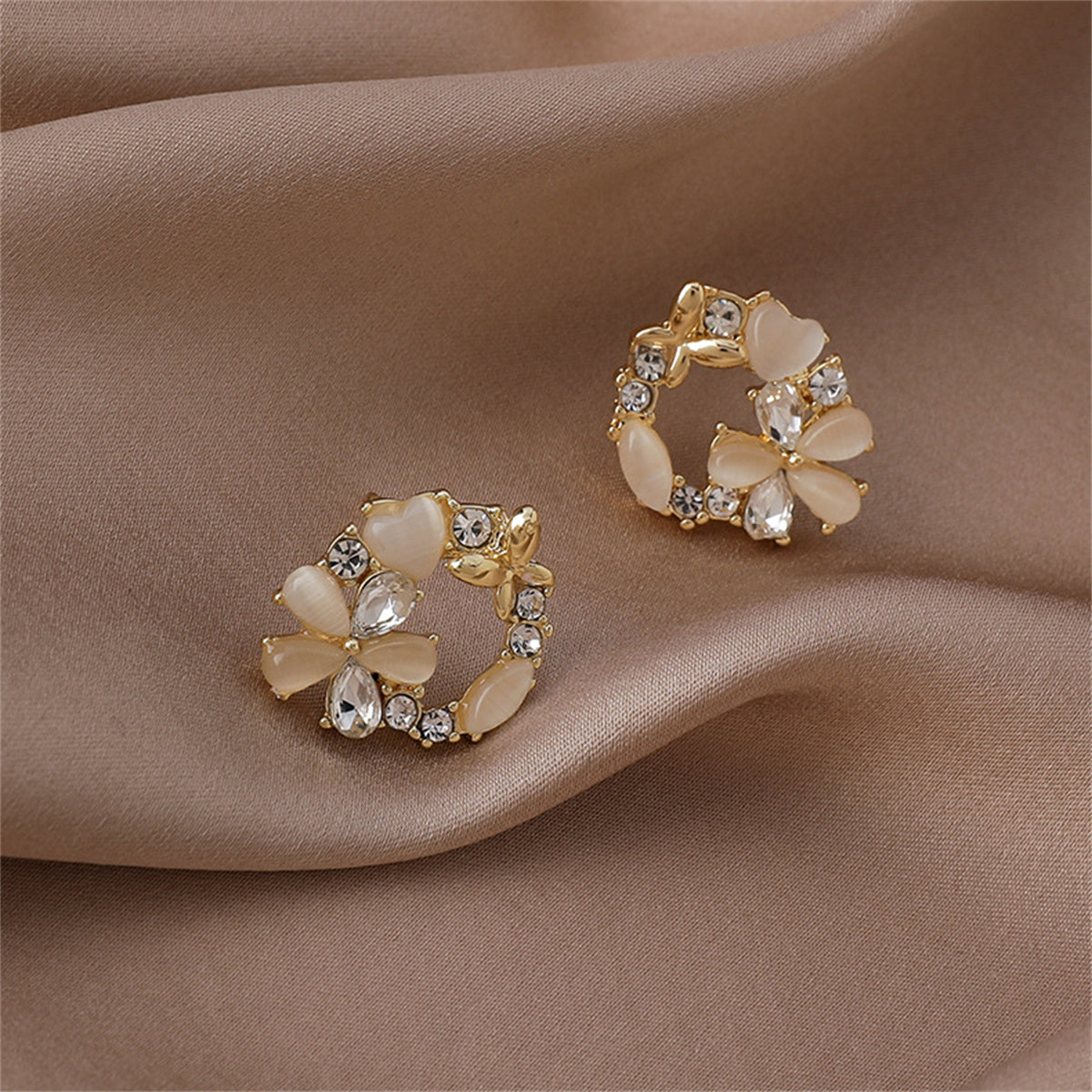 Cubic Zirconia & Crystal Cats Eye Floral Circle Stud Earrings