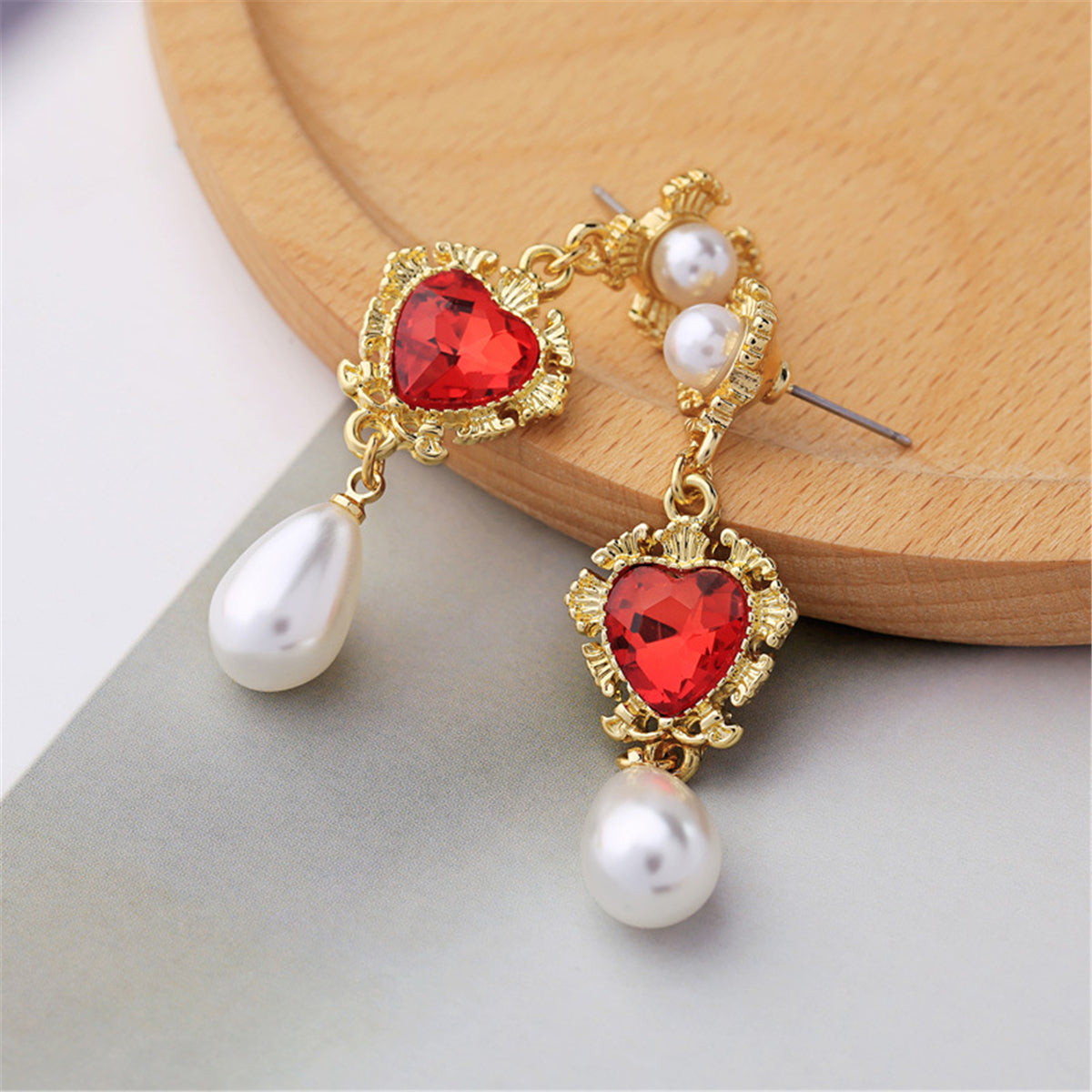 Pearl and Red Crystal 18K Gold-Plated Heart Drop Earrings, gold drop earrings for women, lifestyle look