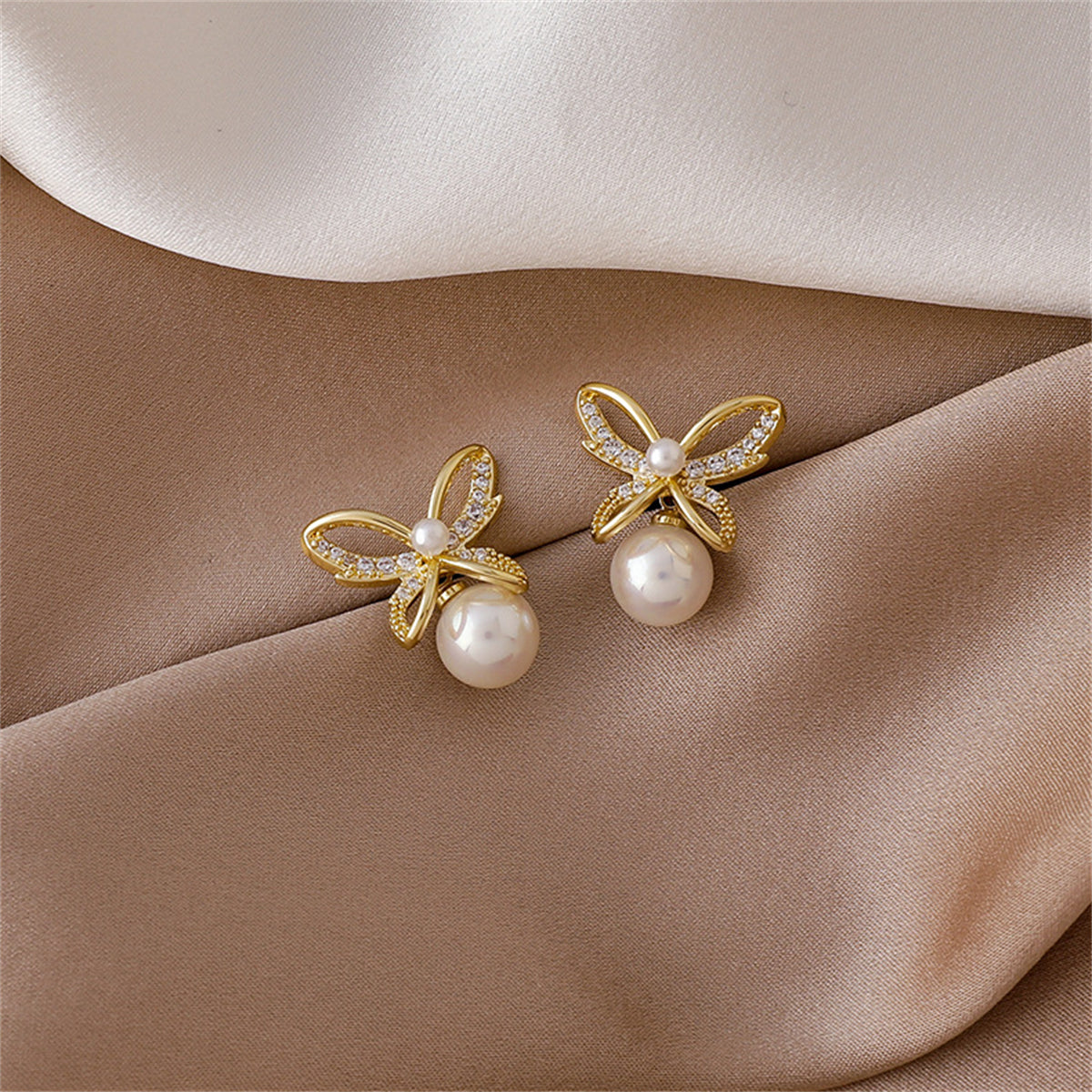 Pearl & Cubic Zirconia Openwork Butterfly Drop Earrings