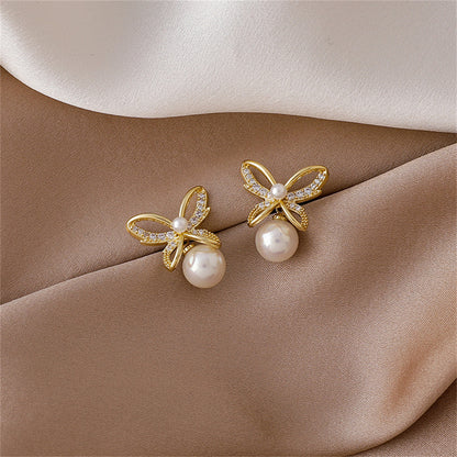 Pearl and Cubic Zirconia Openwork Butterfly Drop Earrings, drop earrings for women, elegant gift for her, styled look