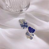 Blue & Silver-Plated Flower Stud Earrings