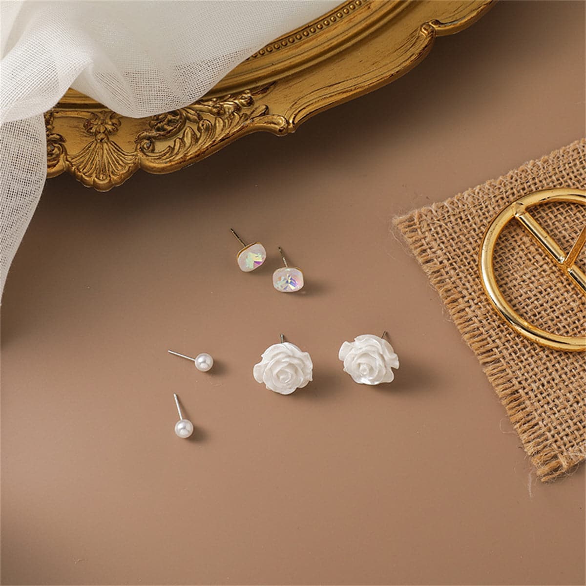 Pearl and Crystal Rose Stud Earrings Set, stud earrings for women, elegant gift for her, front view