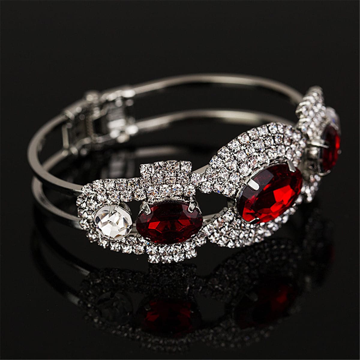 Red & Silver-Plated Oval Bangle