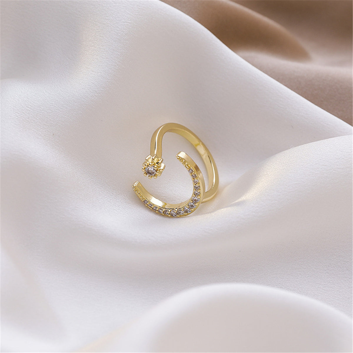 Cubic Zirconia and 18K Gold-Plated Moon Star Open Ring, gold statement rings for women, dainty minimalist design, styled look