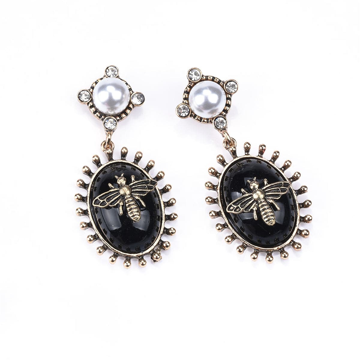 Black Crystal & Pearl 18K Gold-Plated Bee Drop Earrings
