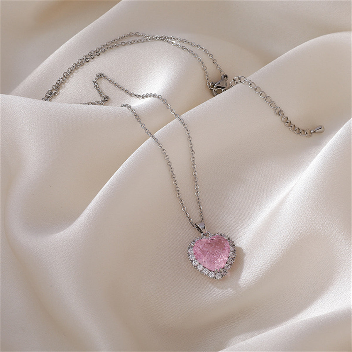 Pink Crystal & Cubic Zirconia Heart Hola Pendant Necklace