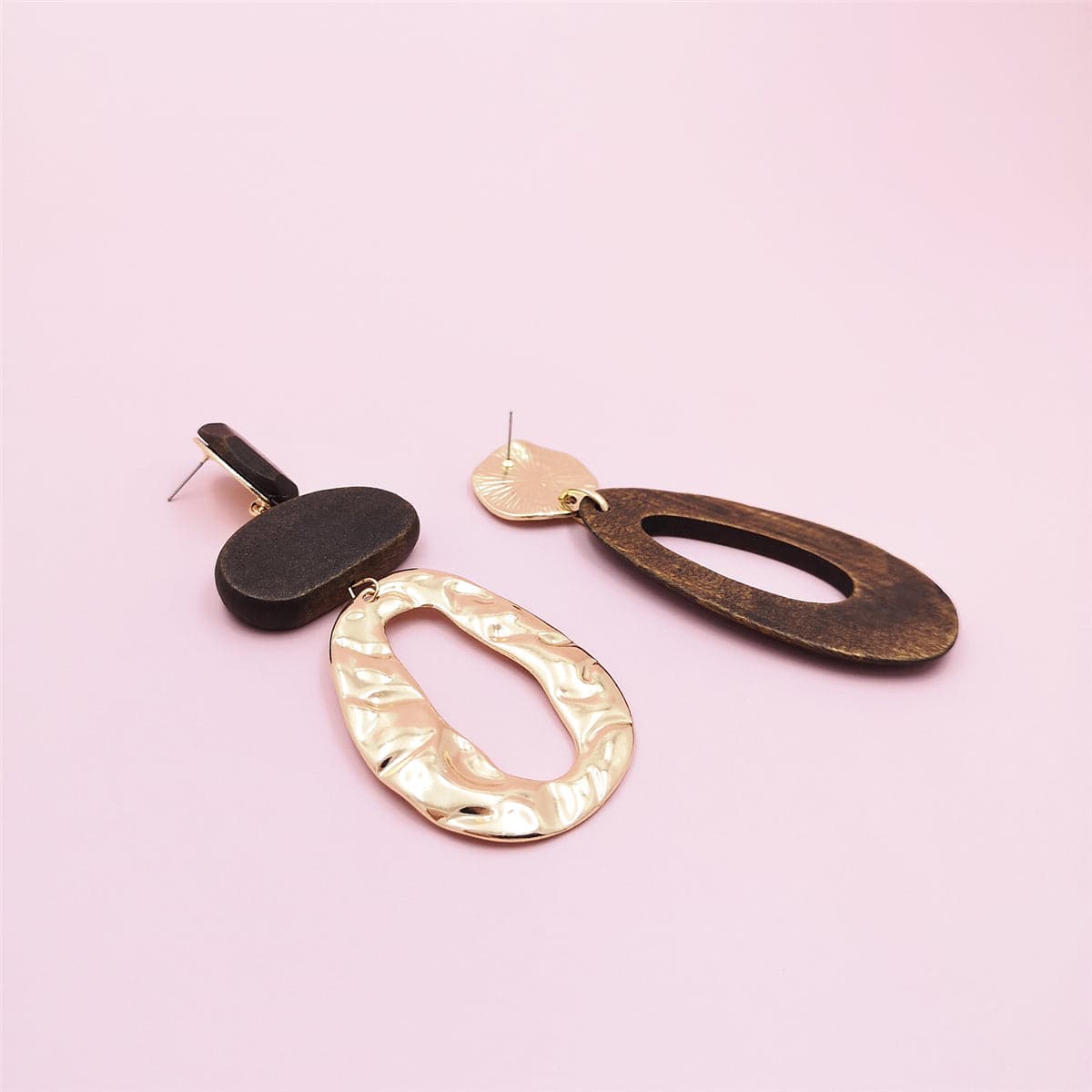Wood and 18K Gold-Plated Geometric Mismatched Drop Earrings, gold drop earrings for women, botanical inspired, lifestyle look