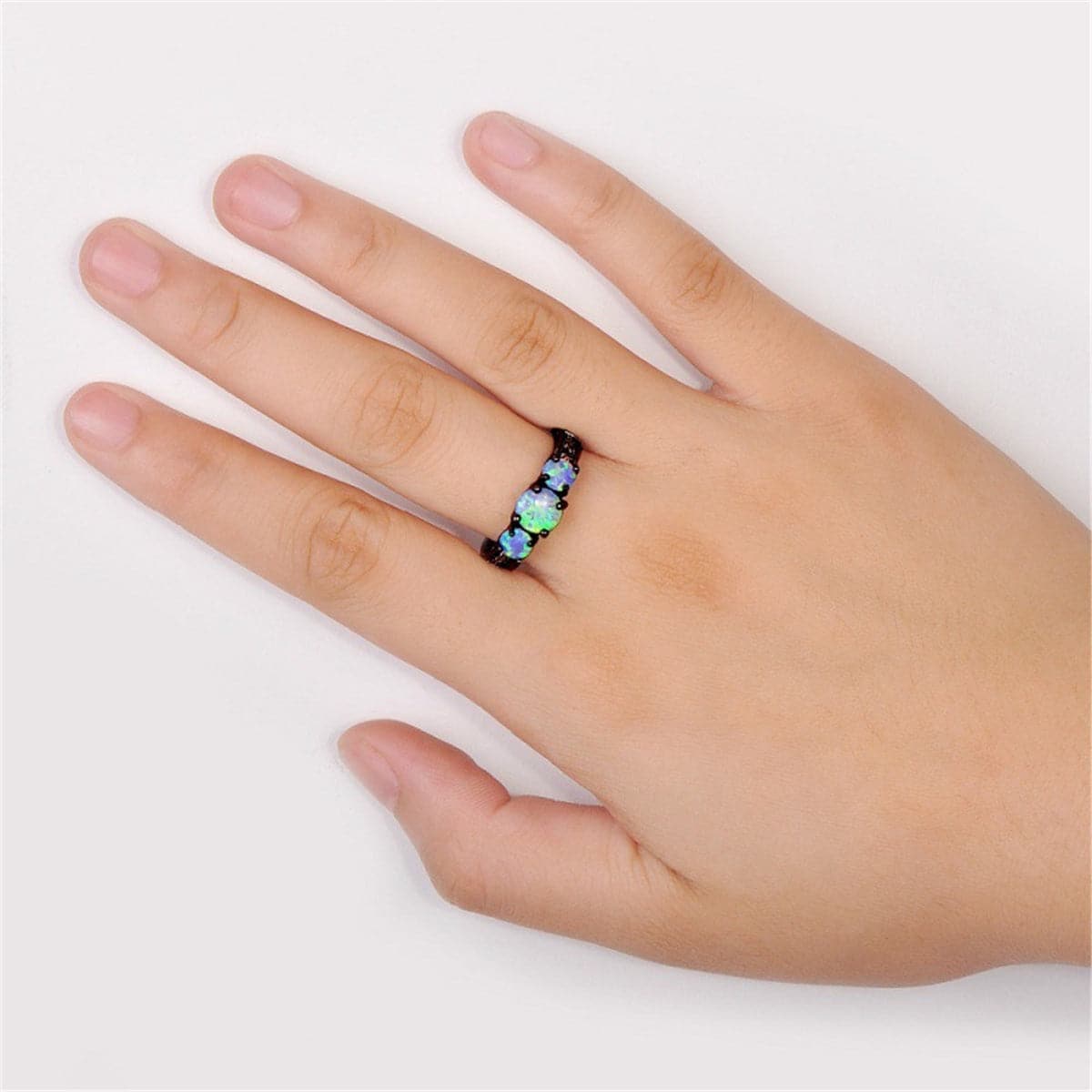 Blue Opal & Black-Plated Tri-Stone Ring - streetregion