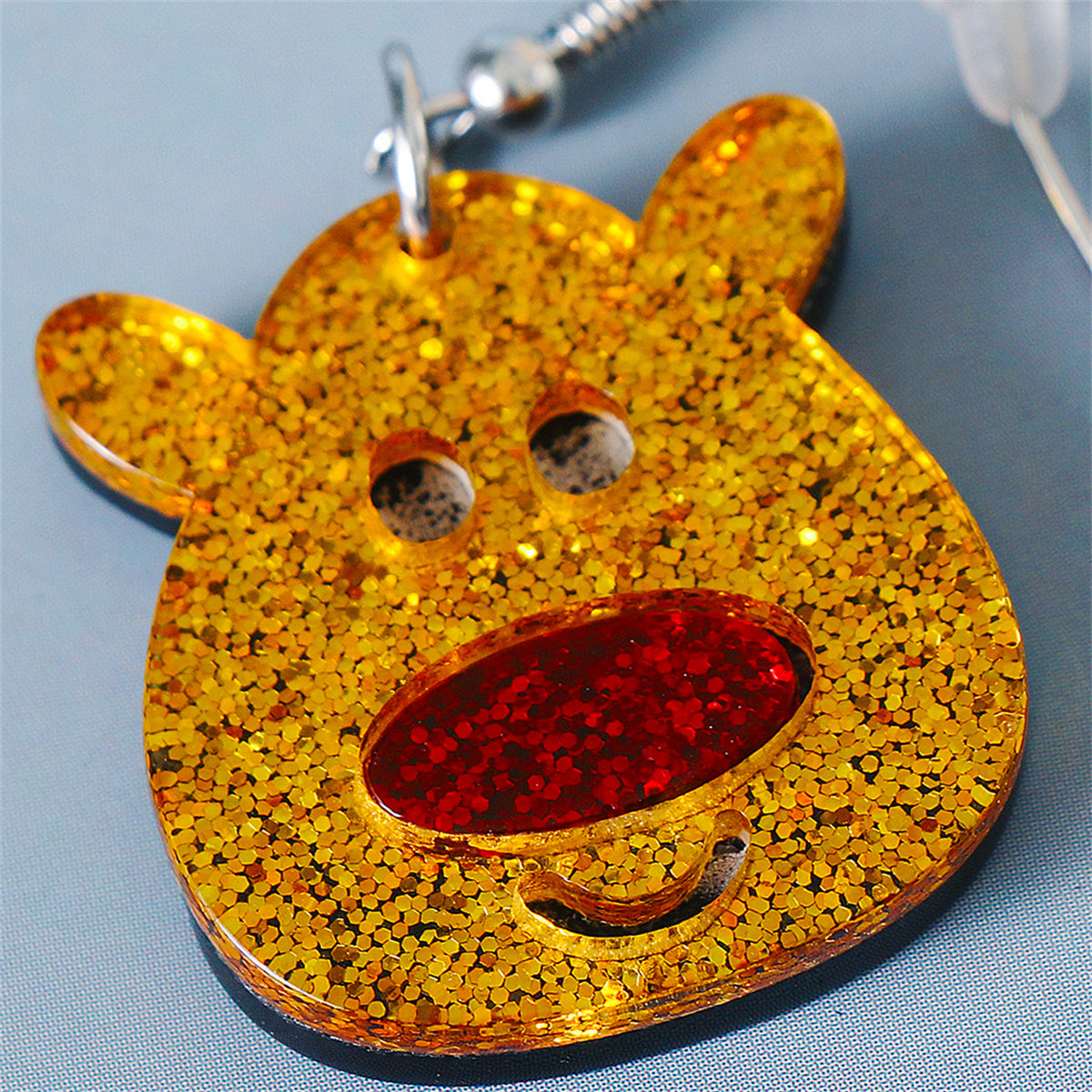 Yellow & Red Glitter Reindeer Face Drop Earrings