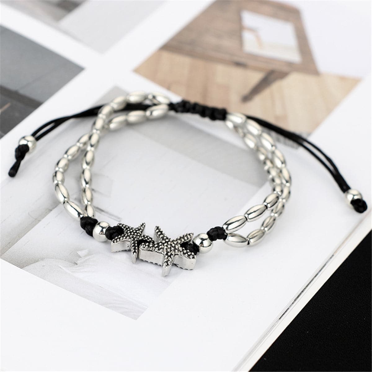Black and Silver-Plated Starfish Charm Adjustable Anklet, silver anklet bracelet, botanical inspired, lifestyle look