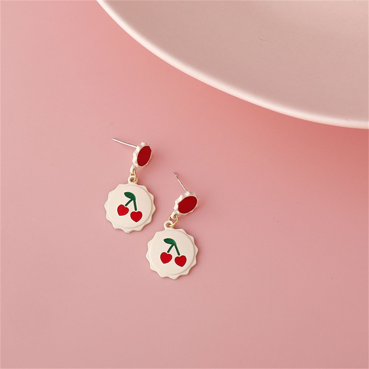 White and Red Enamel Scalloped Heart Cherry Drop Earrings, drop earrings for women, dainty minimalist design, side view