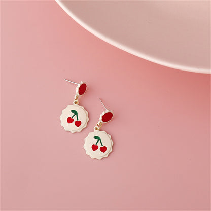 White and Red Enamel Scalloped Heart Cherry Drop Earrings, drop earrings for women, dainty minimalist design, side view