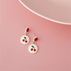 White & Red Enamel Scalloped Heart Cherry Drop Earrings