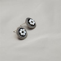 Cubic Zirconia & Pearl Enamel Silver-Plated Flower Stud Earrings
