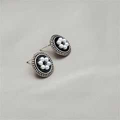 Cubic Zirconia & Pearl Enamel Silver-Plated Flower Stud Earrings