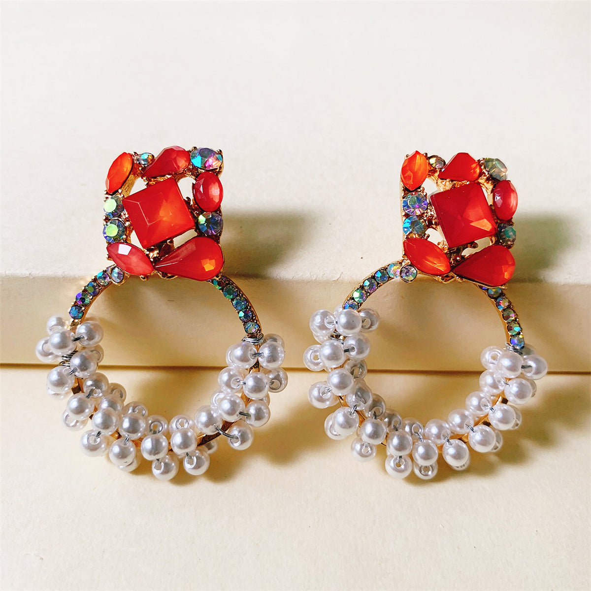 Pearl & Red Crystal 18K Gold-Plated Drop Earrings
