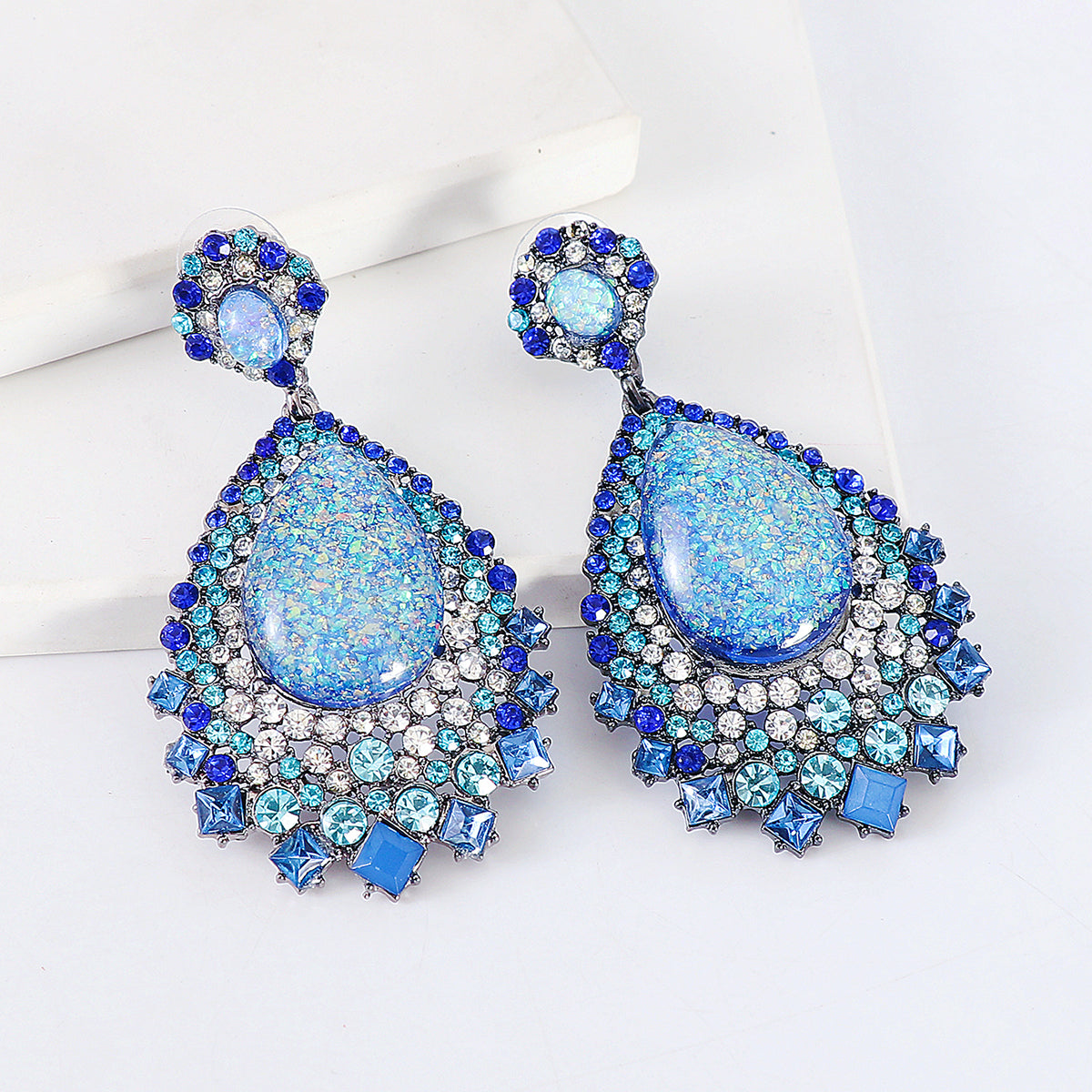 Blue Cubic Zirconia & Crystal Geometric Teardrop Earrings