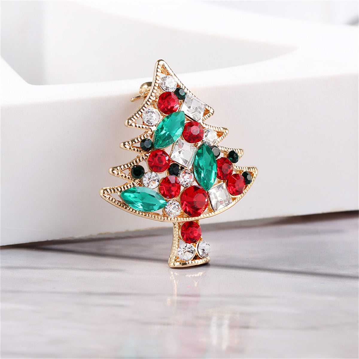 Colored Cubic Zirconia & Crystal Christmas Tree Brooch