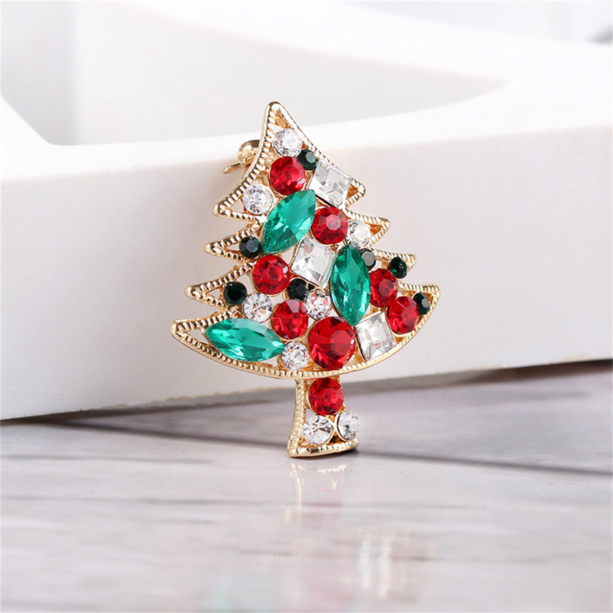 Colored Cubic Zirconia and Crystal Christmas Tree Brooch, brooch pin, dainty minimalist design, side view