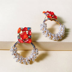 Pearl & Red Crystal 18K Gold-Plated Drop Earrings