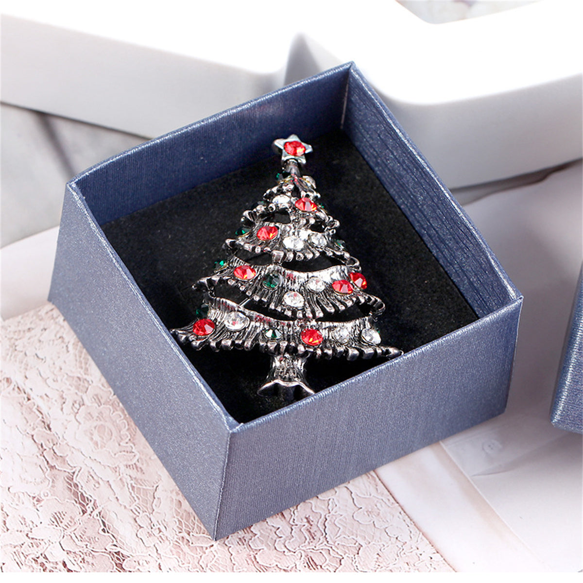 Red and Black Cubic Zirconia Openwork Christmas Tree Brooch, brooch pin, everyday style, detail close-up