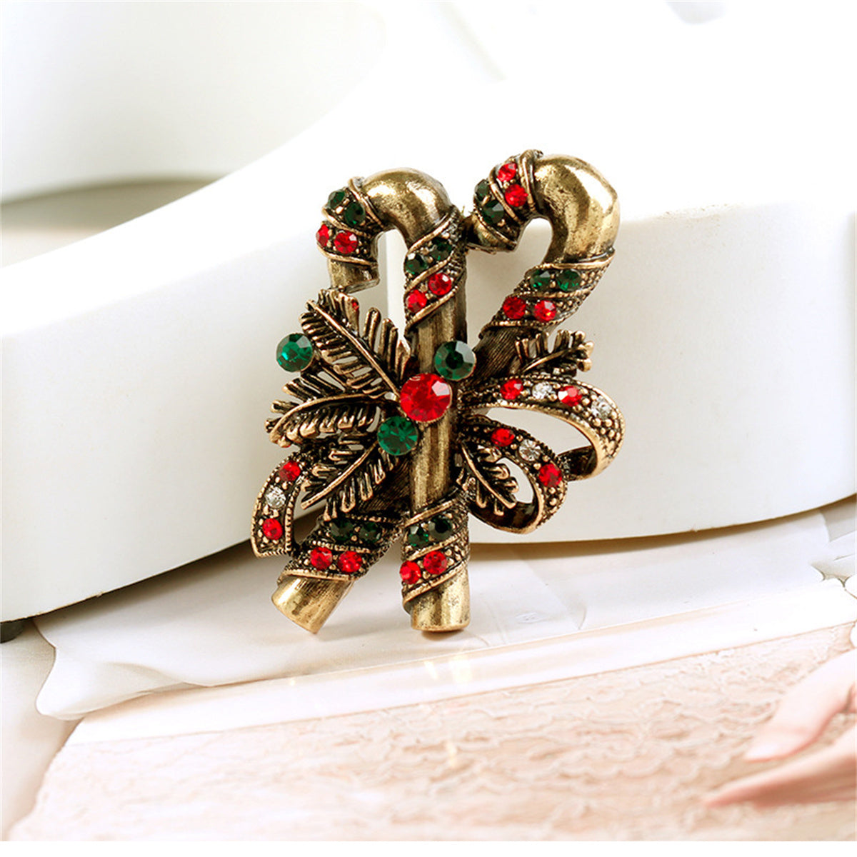 Green Cubic Zirconia and 18K Gold-Plated Double Candy Cane Brooch, gold brooch pin, elegant gift for her, front view