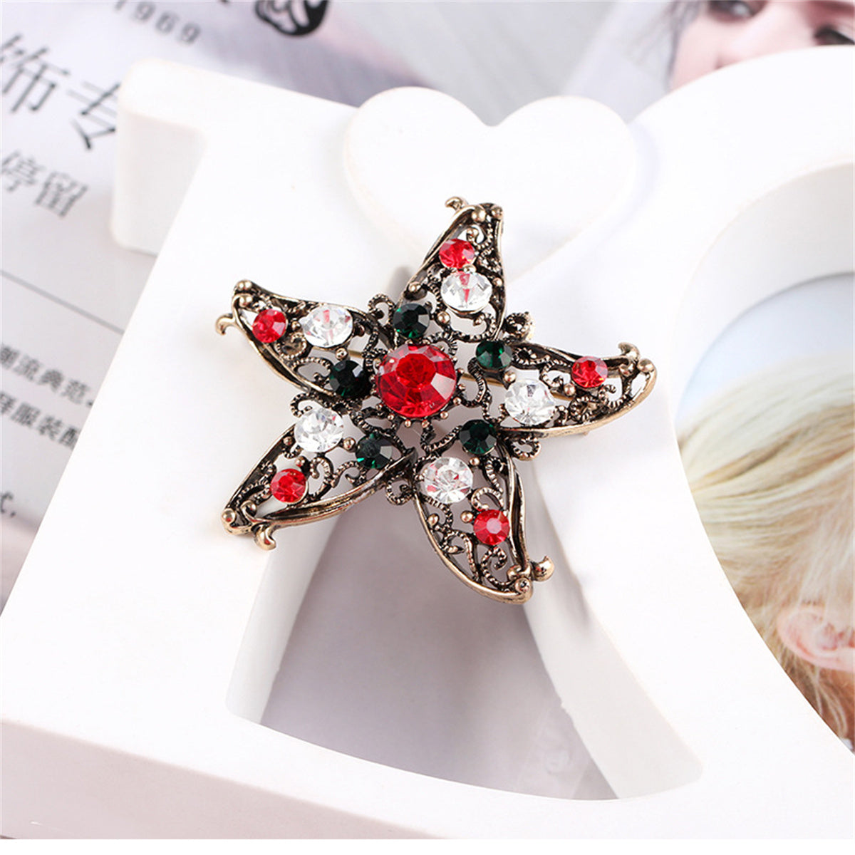 Red and Multicolor Cubic Zirconia and 18K Gold-Plated Star Brooch, gold brooch pin, dainty minimalist design, side view