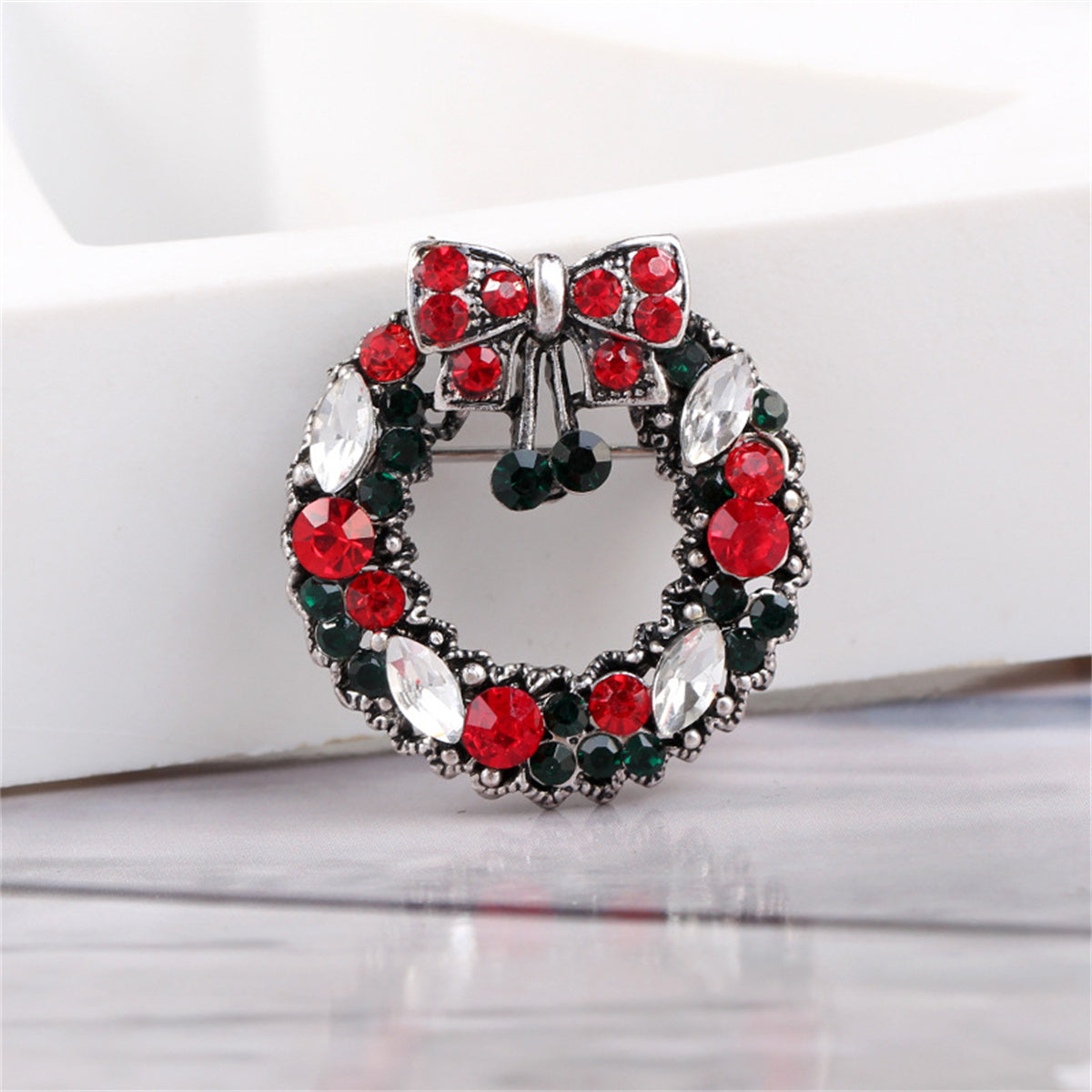 Red and Multicolor Cubic Zirconia and Silver-Plated Wreath Brooch, silver brooch pin, elegant gift for her, lifestyle look