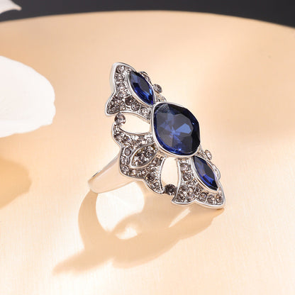 Blue Crystal and Cubic Zirconia Crown Band Ring, statement rings for women, everyday style, detail close-up