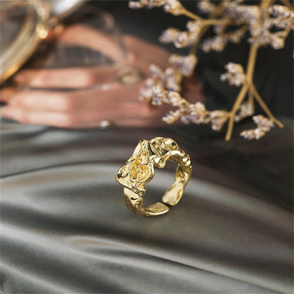 18K Gold-Plated Open Textured Geometric Ring, gold statement rings for women, elegant gift for her, front view
