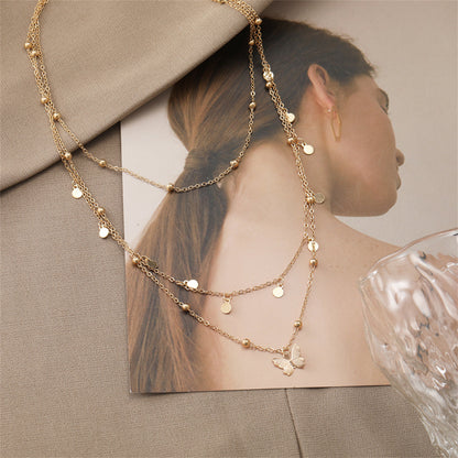 18K Gold-Plated Butterfly Layered Station Necklace, gold pendant necklace for women, botanical inspired, detail close-up