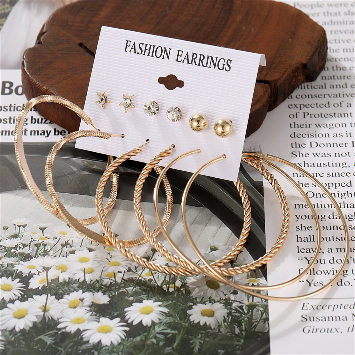 Cubic Zirconia and 18K Gold-Plated Hoop Earrings Set, gold stud earrings for women, botanical inspired, side view