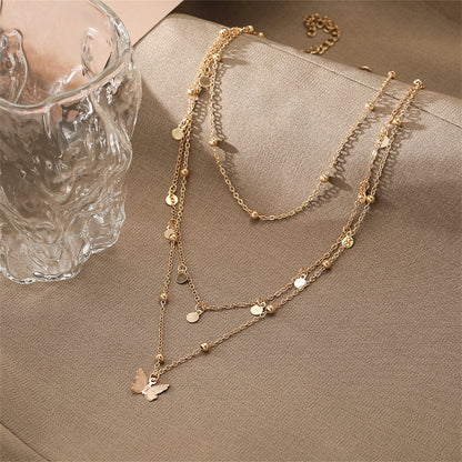 18K Gold-Plated Butterfly Layered Station Necklace, gold pendant necklace for women, botanical inspired, lifestyle look