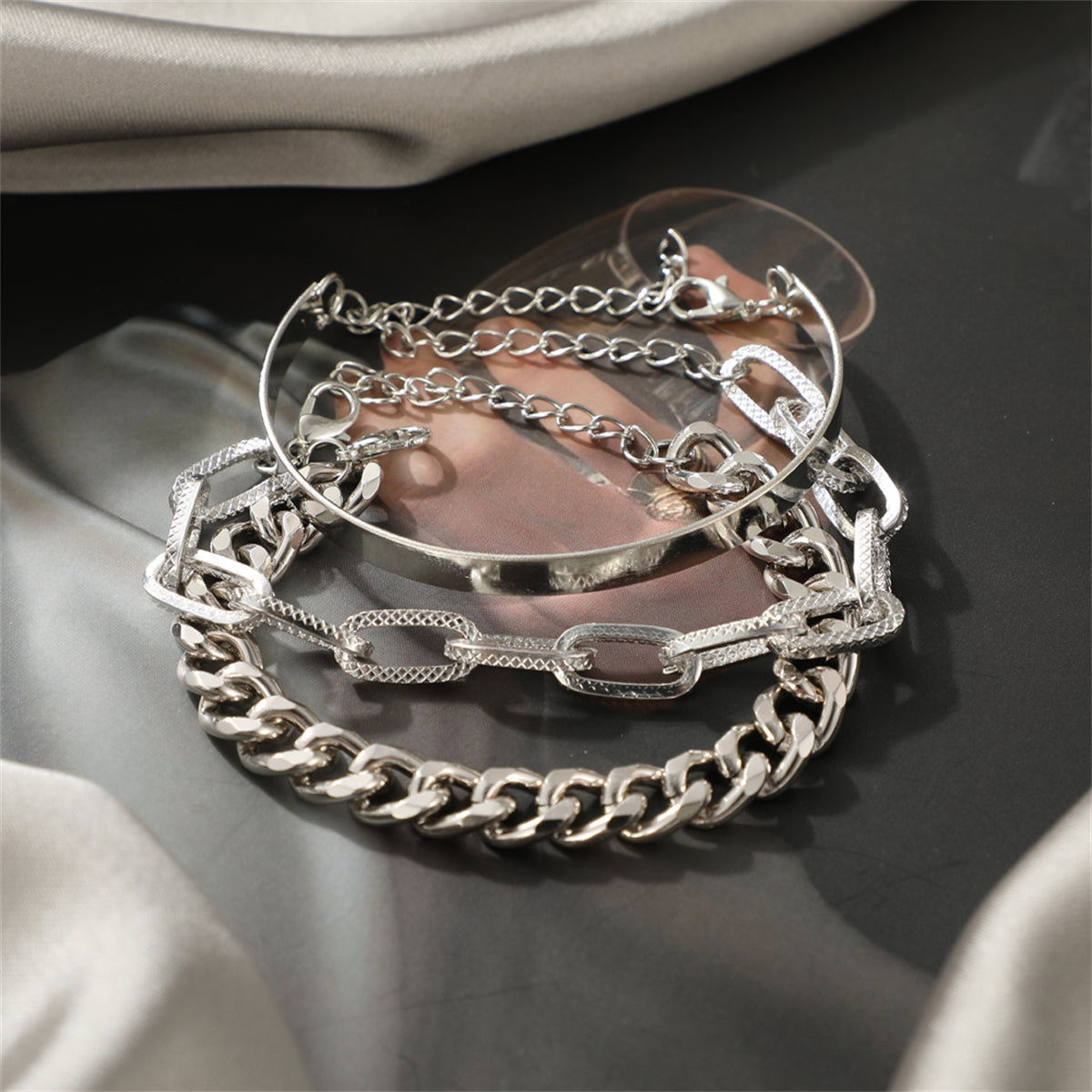 Silver-Plated Cable Chain Bracelet Set, jewelry gift sets for women, everyday style, side view