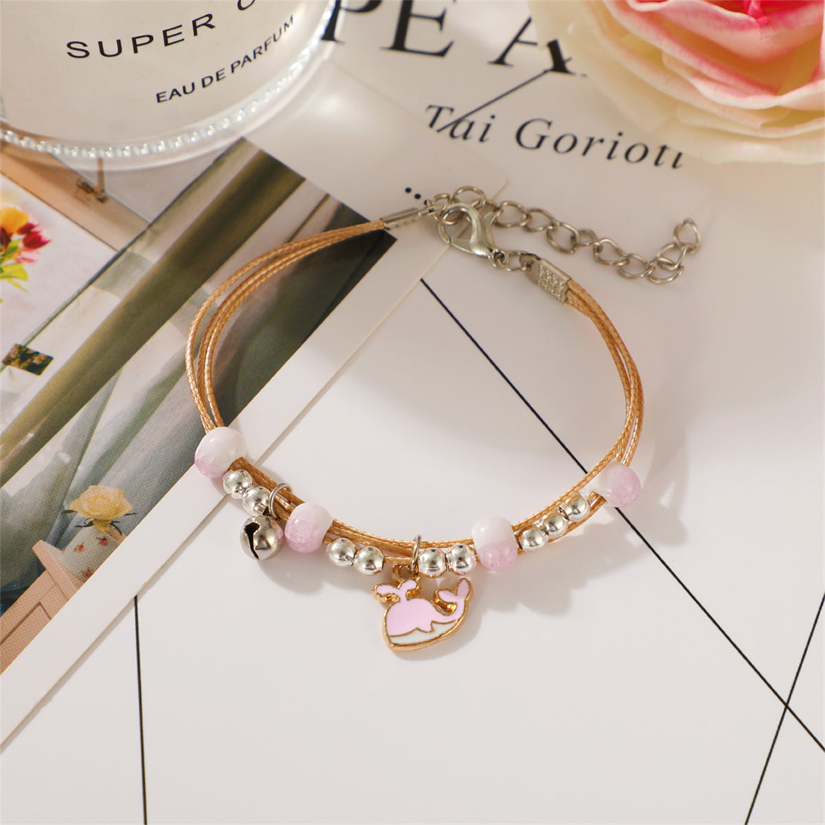 Pink Enamel and Two-Tone Whale Layered Charm Bracelet, bracelet for women, elegant gift for her, side view