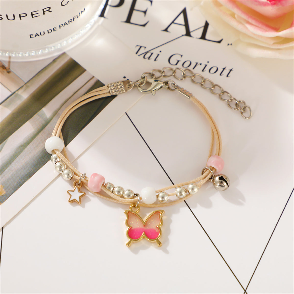 Pink Enamel and Two-Tone Buttefly Layered Charm Bracelet, bracelet for women, everyday style, side view