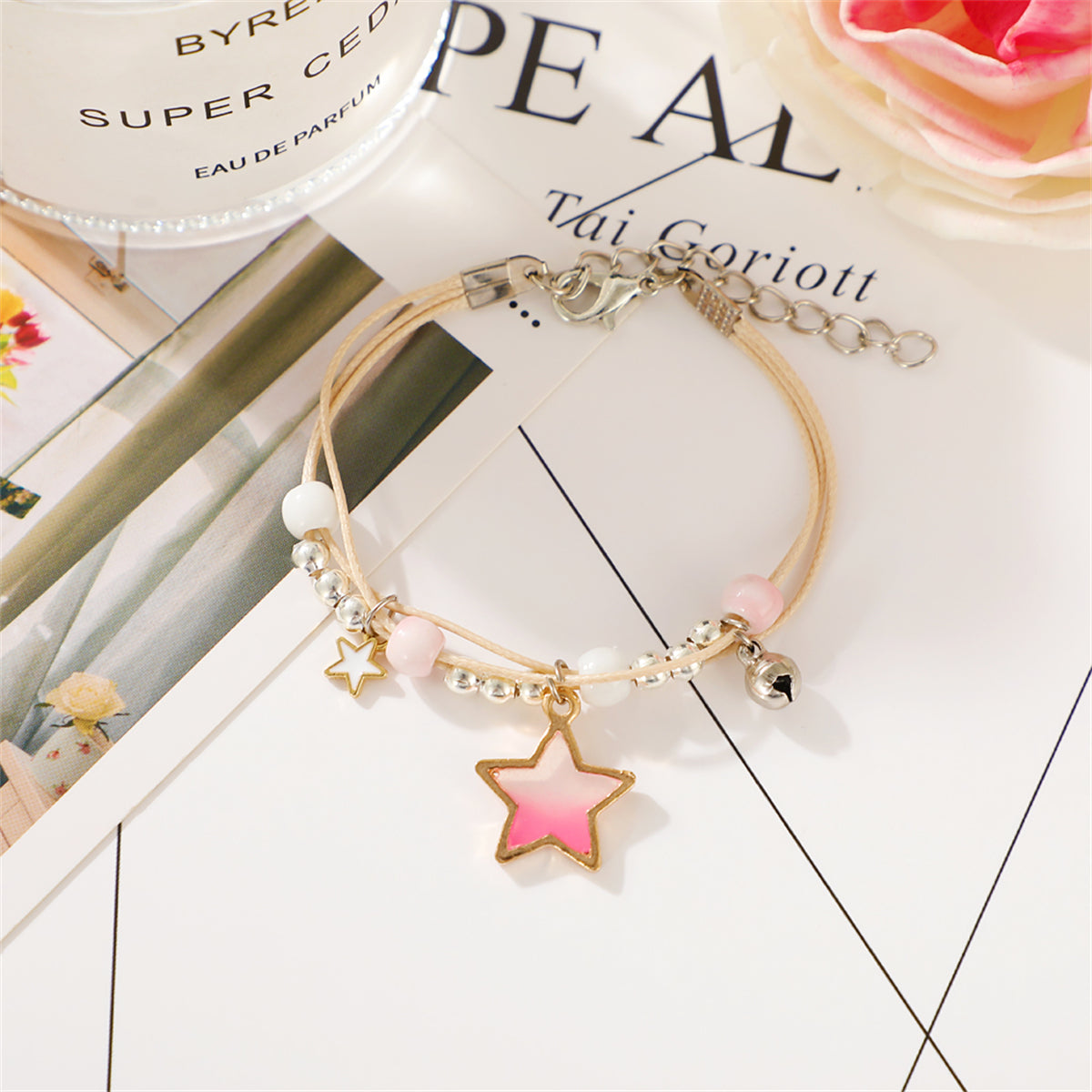 Pink Enamel and Two-Tone Star Layered Charm Bracelet, bracelet for women, dainty minimalist design, side view