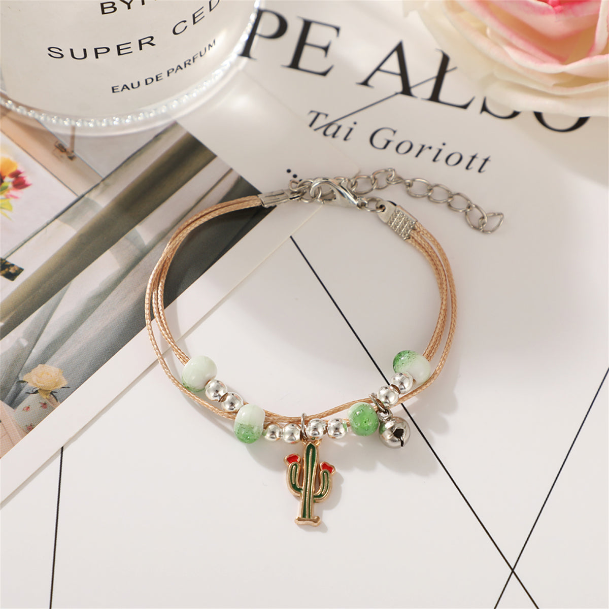 Green Enamel and Two-Tone Cactus Layered Charm Bracelet, bracelet for women, vintage-inspired design, side view